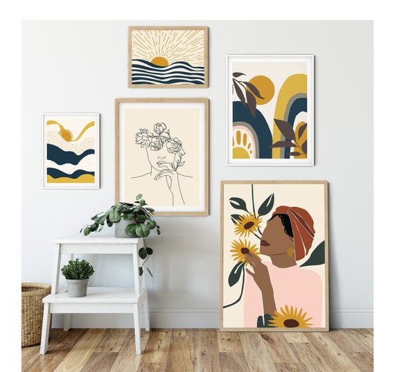 DIGITAL Gallery Wall Set of 5 Navy Blue Boho Decor Printable Wall Art Living Room Decor Mid Century Modern Boho Bedroom Wall Decor Etsy Canada