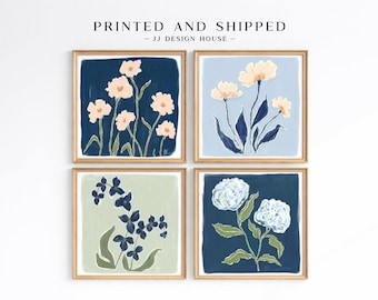 Set of 4 Floral Botanical Art Prints, Grandmillenial Wall Decor, Blue Green Prints, Girls Room Art