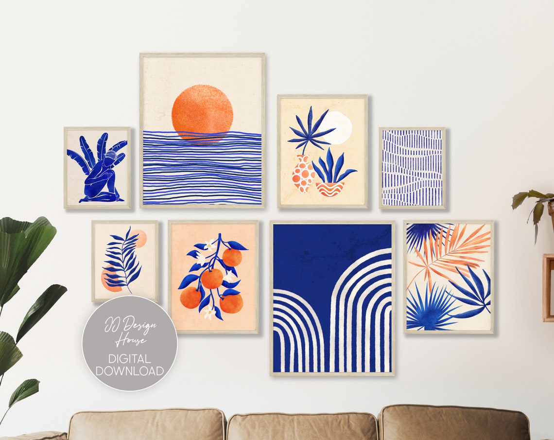 Blue Wall Art Gallery Wall Set of 8 Prints Mid Century Etsy