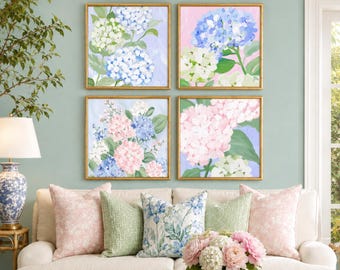Pastel Floral Wall Art Set of 4, Hydrangea Prints, Pink Blue Flower Art, Cottage Printable Decor