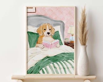 Arte de pared imprimible de beagle, impresión artística de perro beagle, decoración para amantes de los perros, decoración preppy rosa y verde, ilustración divertida de perro, descarga instantánea