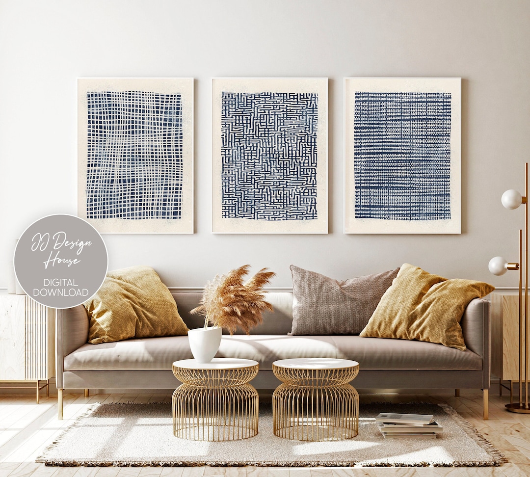 Blue Abstract Wall Art, Printable Wall Art Set of 3 Prints, Navy Blue ...