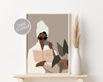 Feminine Art Print, Reading Wall Art, Woman Reading Art, Woman Illustration, Book Lover Gift, Fashion Illustration Black Woman Art Printable