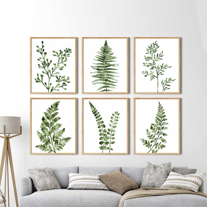 Green Watercolor Botanical Prints Set of 6, Green Fern Wall Art Gallery ...