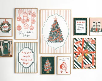 Christmas Wall Art Set of 10, Printable Holiday Gallery Wall, Festive Art Prints Digital Download
