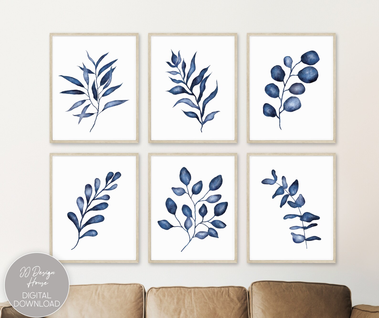 Indigo Blue Botanical Prints Set of 6, Navy Blue Wall Art Gallery Wall ...