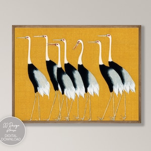 Vintage Birds Art Print, Mustard Yellow Wall Art, Japanese Crane Poster, Crane Illustration, Ogata Korin Print, Printable Wall Art