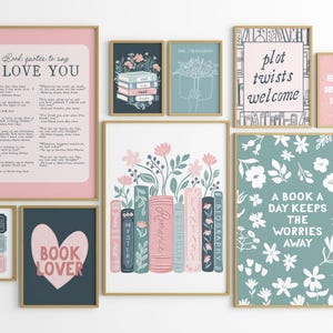 Set de imprimibles de arte mural para amantes de los libros, set de 16 impresiones de arte para clubes de lectura, arte mural con citas de libros, paquete de arte mural de biblioteca, impresiones de pared para amantes de los libros