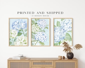 Blue Floral Wall Art Set of 3, Hydrangea Botanical Flower Prints, Cottage Bedroom Decor, Pastel Gallery Wall Art
