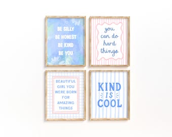 Girls Room Wall Art Set of 4, Positive Quote Prints, Pastel Kids Room Decor, Printable Wall Art