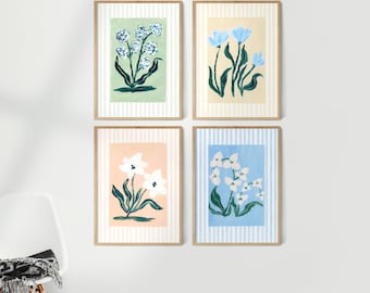 Striped Floral Wall Art Set of 4, Blue Flower Prints, Cottagecore Wall Decor, Botanical Gallery Wall, Printable Art