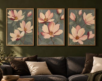 Moody Floral Wall Art Set of 3, Pink Green Botanical Prints, Vintage Floral Decor
