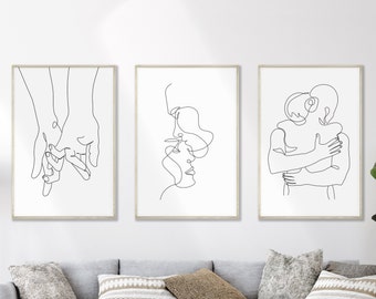 Couple One Line Drawing, Minimalist Line Art, Bedroom Wall Art, Gallery Wall Set of 3 Prints, Sexy Bedroom Art, Minimalist Wall Art