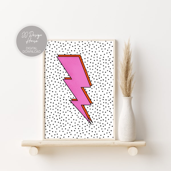 Pink Lightning Print, Printable Wall Art, Bolt Poster Pink Wall Art, Teen Girls Bedroom Decor, Retro Wall Art, Dorm Decor, Pink Retro Prints