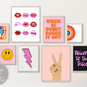 Retro Wall Art Set of 8, Trendy Art Print Bundle, Dorm Wall Decor, Throwback Art Prints, DIY Wall Decor, Boho Art Set of 8 Prints Bundle