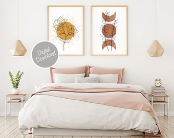 Boho Bedroom Decor, Sun and Moon Print Set of 2, Above Bed Decor, Abstract Sun, Flower Moon, Minimal Wall Art, Boho Poster, Line Art Print