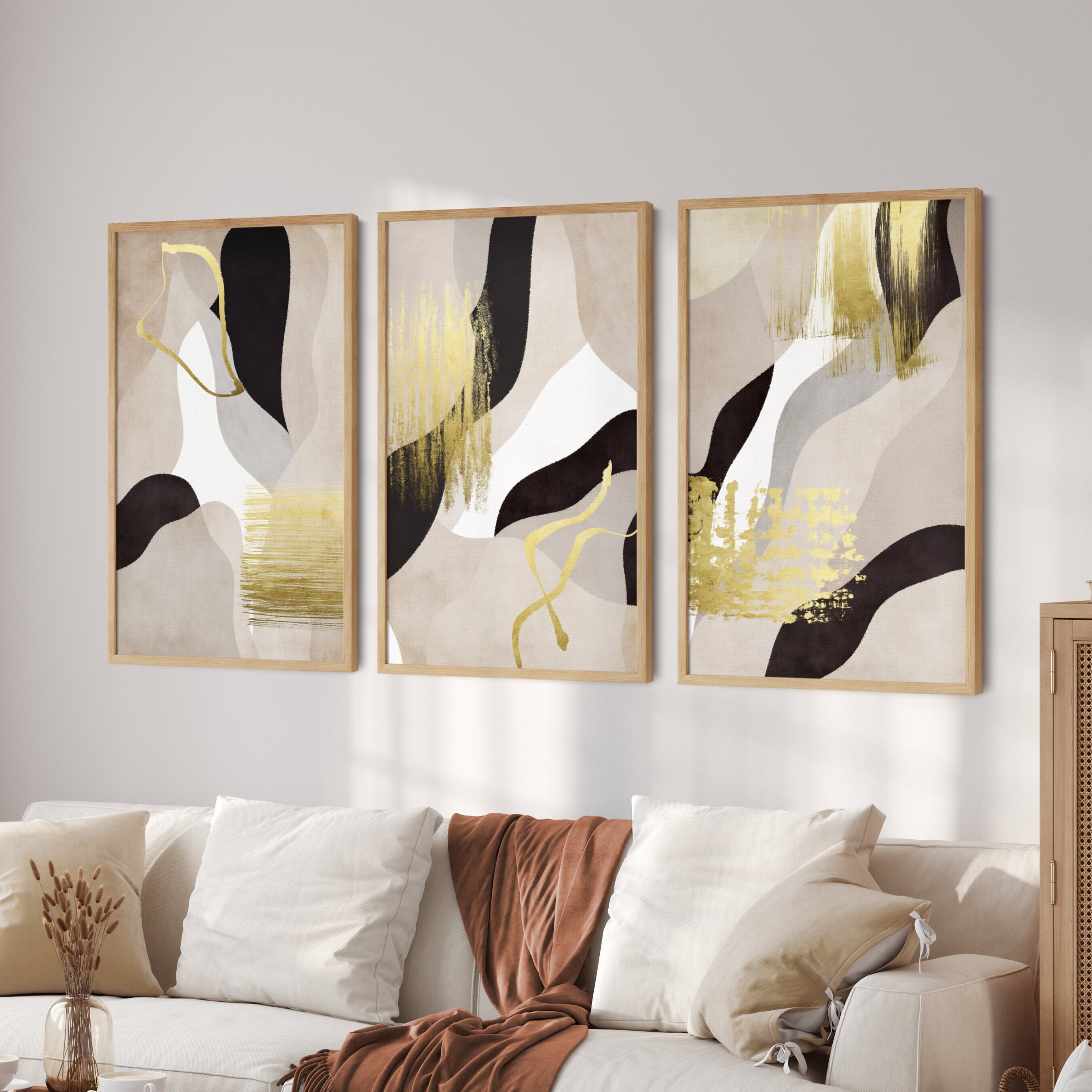 Black Gold Wall Art Printable Abstract 3 Piece Wall Art Etsy
