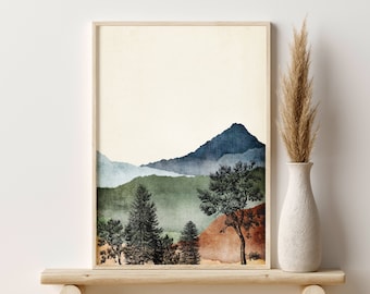 Landscape Wall Art Mountain Art Print, Watercolor Mountain Print, Midcentury Modern Decor, Watercolor Print, Boho Prints, Printable Art