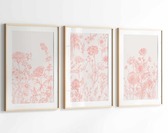 Pink Botanical Wall Art Chinoiserie Wall Art, 3 Piece Wall Decor Coquette Room Decor, Botanical Print Set, Printable Wall Art Digital Art