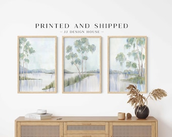Coastal Landscape Wall Art Set of 3, Blue Lake Prints, Serene Nature Decor, Cottage Wall Art, PRINTED POSTER