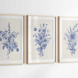 Blue Wall Art Prints Botanical Wall Art Set of 3 Prints, 3 Piece Wall Decor Minimalist Wall Art, Botanical Print Set, Printable Wall Art