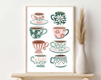 Vintage Teacups Wall Art Printable, Cottagecore Tea Art, Floral Tea Cups Illustration, Cozy Kitchen Decor, Instant Download