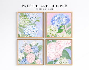 Pastel Floral Wall Art Set of 4, Hydrangea Prints, Pink Blue Flower Art, Cottage Wall Decor