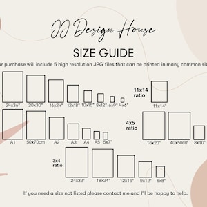 May include: A size guide graphic from DD Design House, showcasing various print sizes in inches and centimeters. Includes ratios like 2x3, 5x7, 11x14, and 4x5, with dimensions such as 24x36 inches and 50x70cm. The text states that the purchase includes 5 high-resolution JPG files.