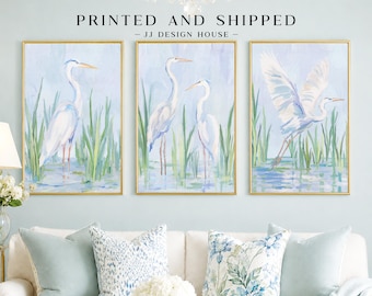 Coastal Bird Wall Art Set of 3, Blue Heron Prints, Beach House Decor, Coastal Gallery Wall, Printed Wall Art
