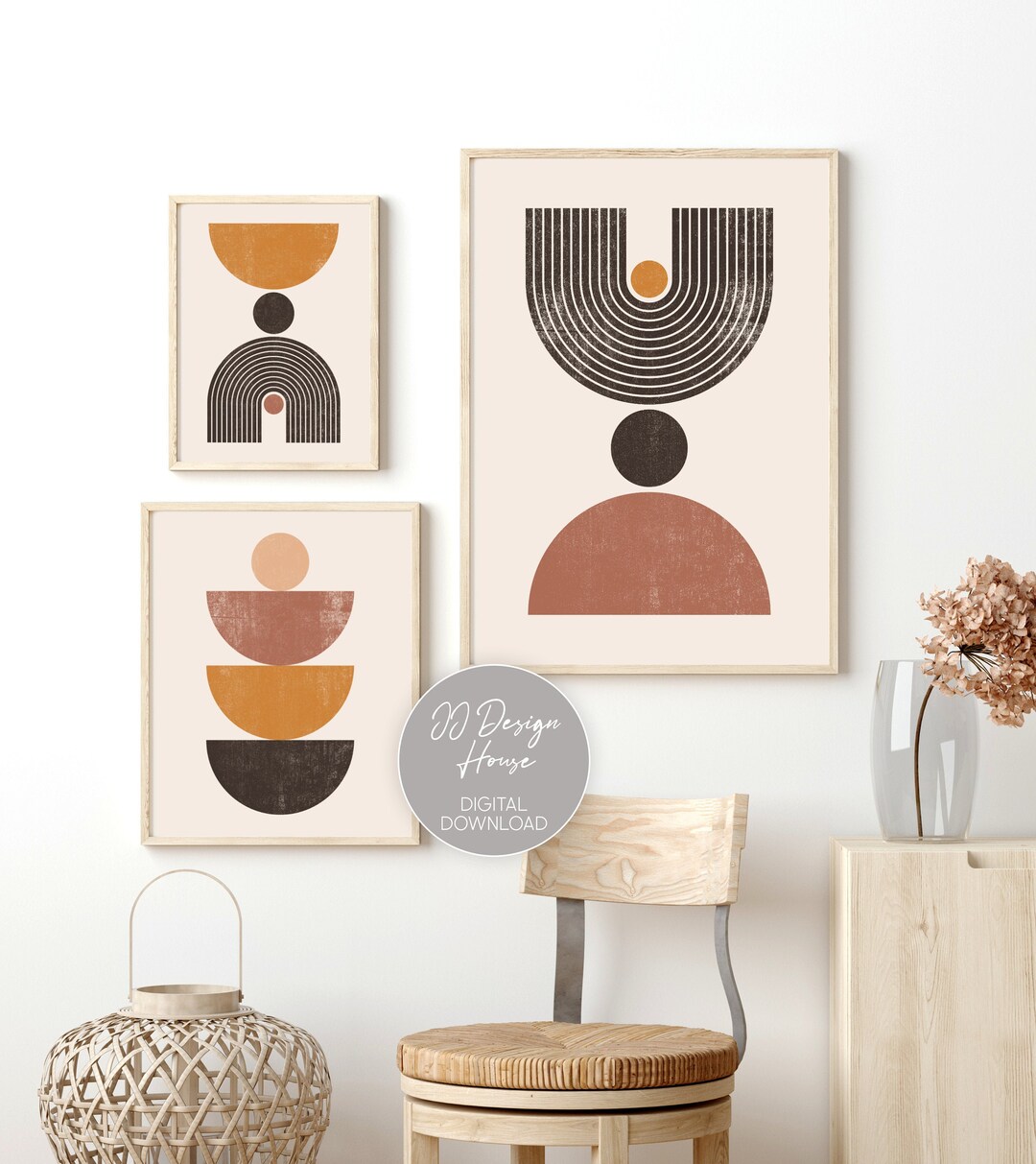 Mid Century Modern Art, Living Room Decor, Art Print Set of 3, Mid