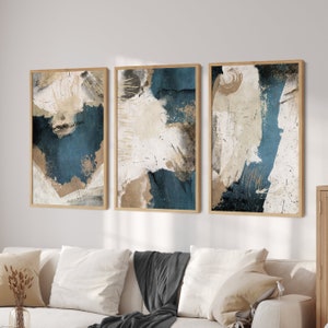 Navy Blue Wall Art, 3 Piece Wall Art Abstract Painting, Printable Wall Art Set of 3 Prints Mixed Media Art Contemporary Living Room Art