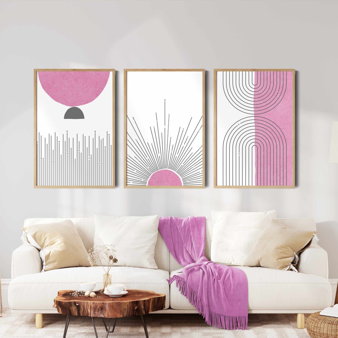 Pink Gray Wall Art, Mid Century Modern Wall Art Living Room Prints