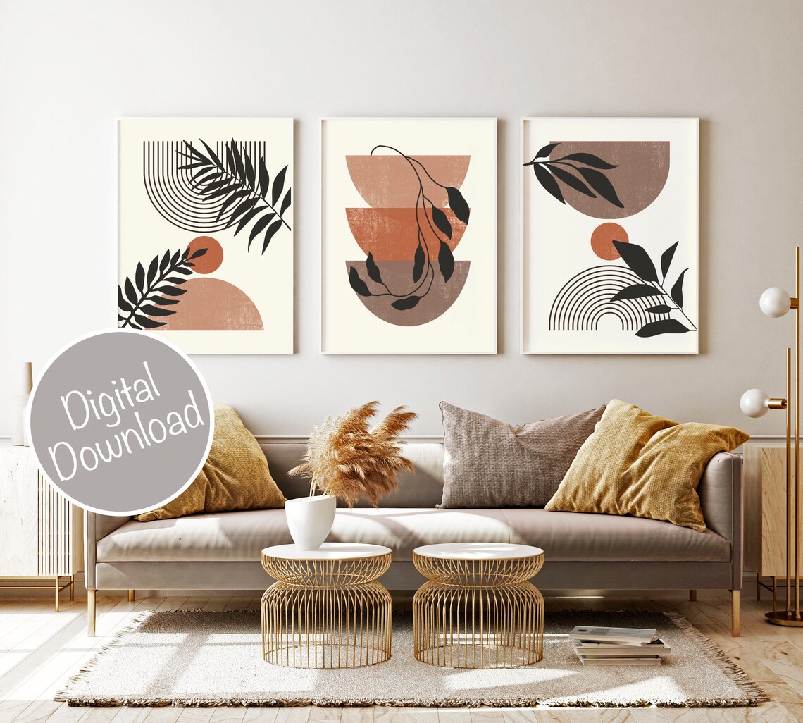 Mid Century Modern Art Print Set of 3, Neutral Geometric Wall Art ...