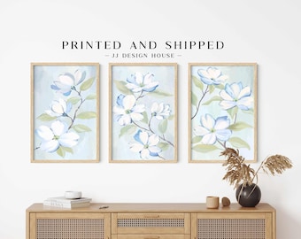Blue Floral Wall Art Set of 3, Botanical Flower Prints, Cottage Bedroom Decor, Pastel Gallery Wall Art