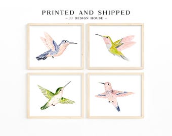Set of 4 Watercolor Hummingbird Prints, Pastel Nursery Wall Art (PRINTED ART)