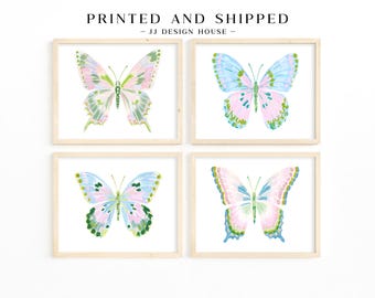 Butterfly Wall Art Set of 4, Girls Nursery Decor, Pastel Butterfly Prints, Girl Room Wall Art, Printed Wall Art