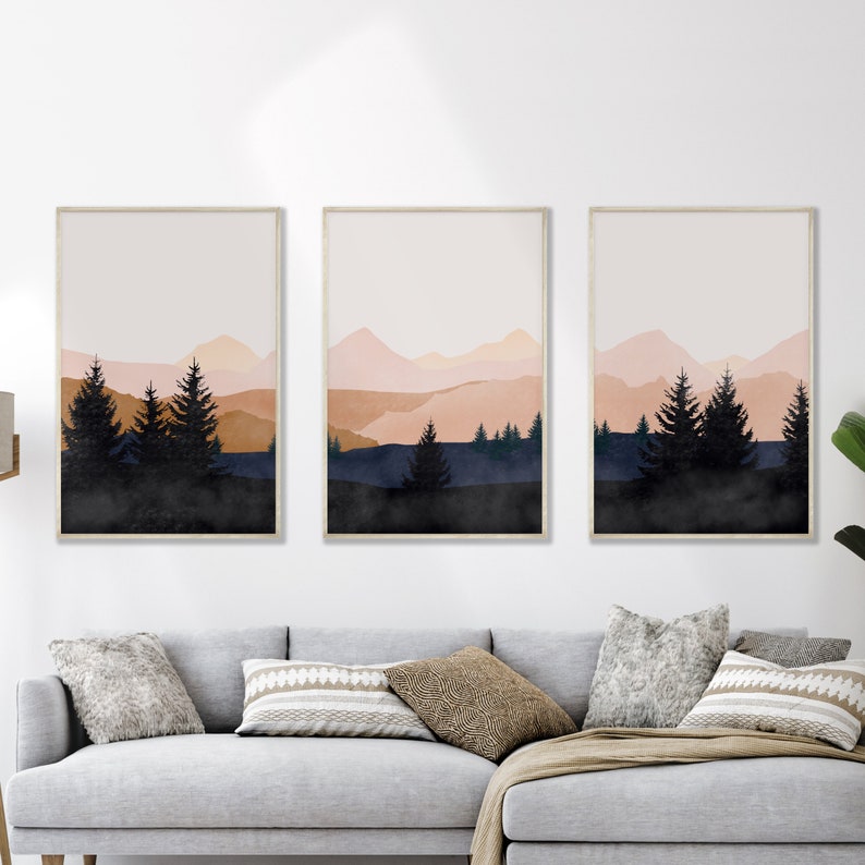 Mountain Wall Art Gallery Wall Set, 3 Piece Wall Art, Watercolor Mountain Print, Landscape Print Set, Modern Home Decor, Printable Triptych image 1