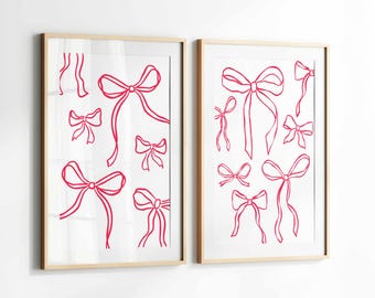 Red Bow Wall Art Set of 2, Coquette Ribbon Prints, Girly Room Decor, DIGITAL DOWNLOAD