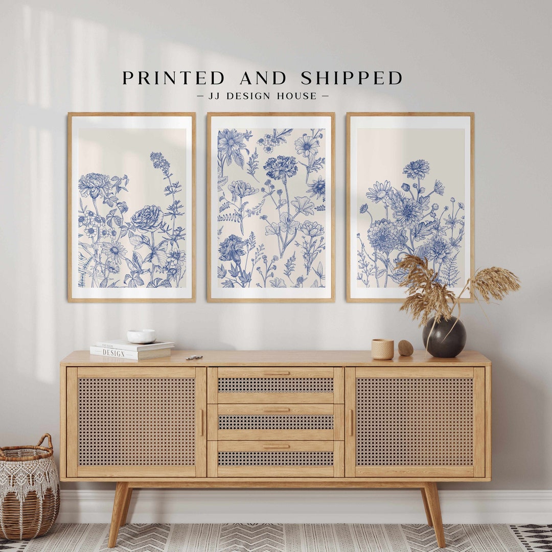 Blue Botanical Printed Wall Art Chinoiserie Wall Art, 3 Piece Wall ...