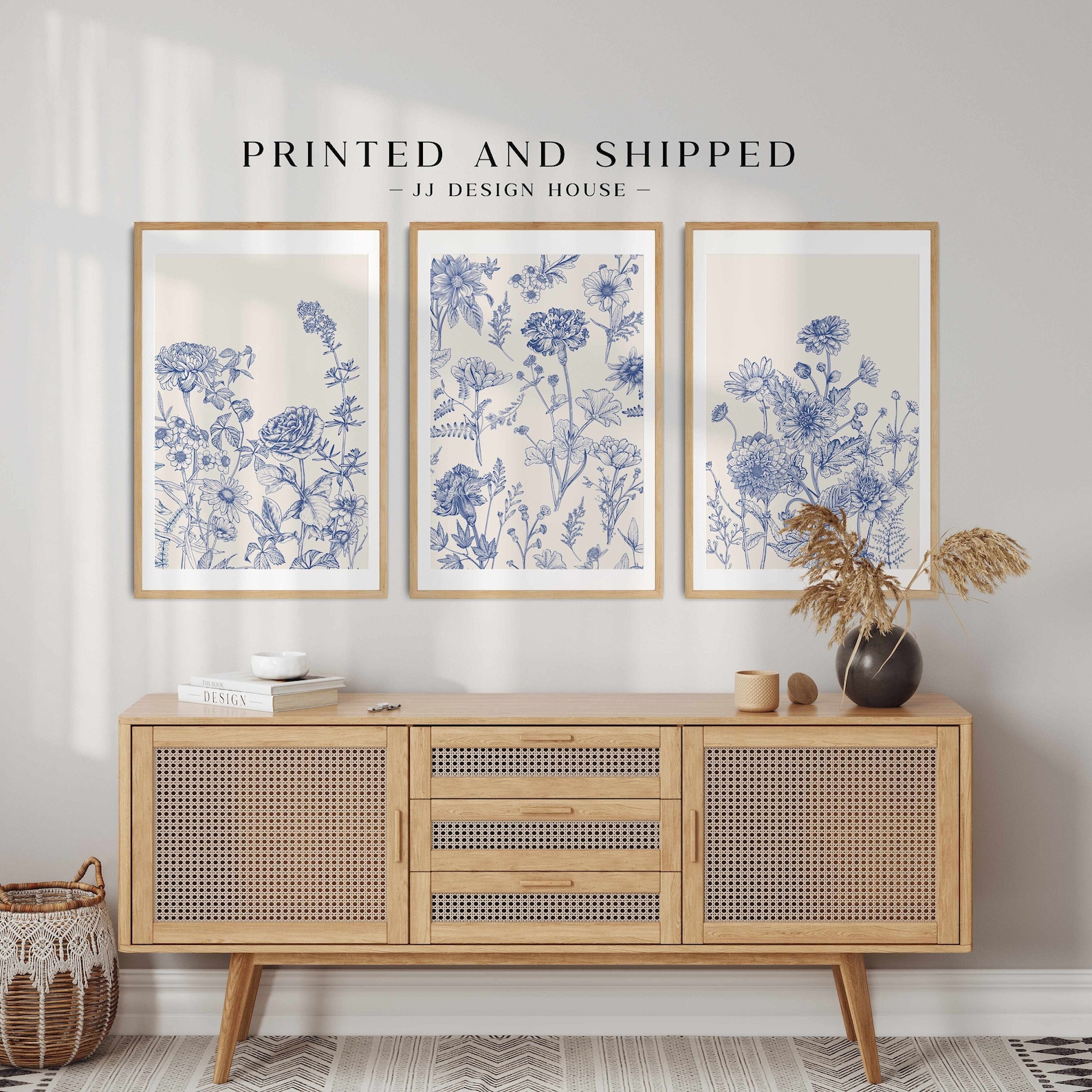Blue Botanical Printed Wall Art Chinoiserie Wall Art, 3 Piece Wall ...