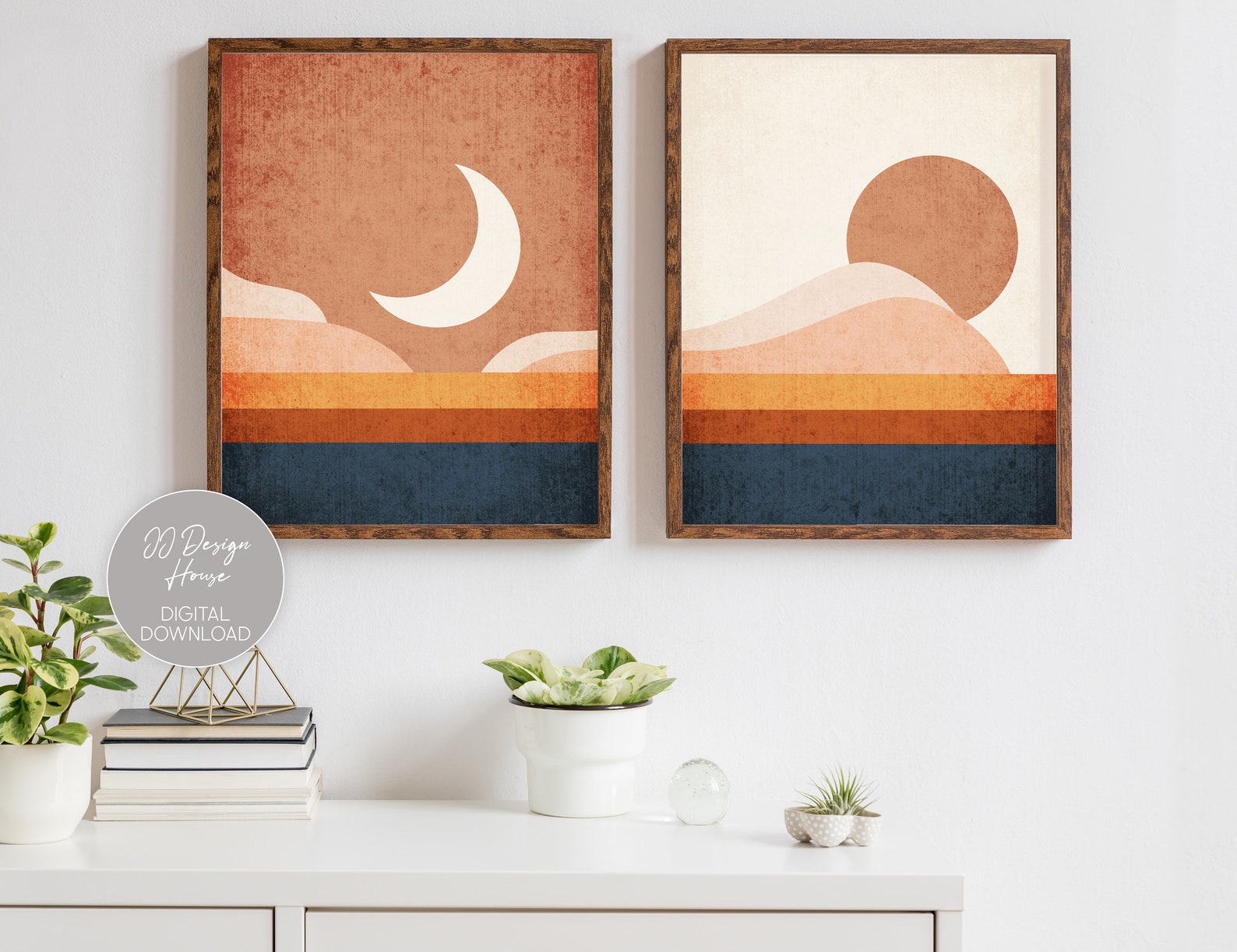 Boho Sun and Moon Print Set of 2 Boho Wall Art Mid Century | Etsy