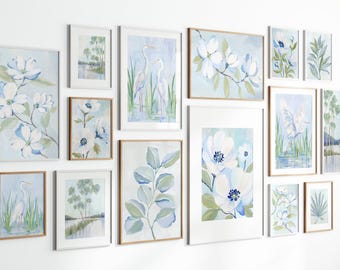 Blue Gallery Wall Set of 15, Coastal Printable Wall Art, Botanical Bird Prints, Cottage Decor Bundle