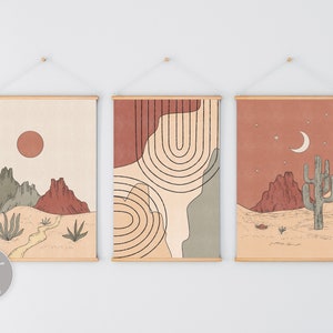 Sun And Moon Set Of 3 Wall Art, Desert Prints, Mid Century Modern Art, Desert Art, Cactus Wall Art Southwestern Bedroom Decor Mountain Print