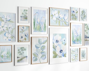 Blue Gallery Wall Set of 15, Coastal Printable Wall Art, Botanical Bird Prints, Cottage Decor Bundle