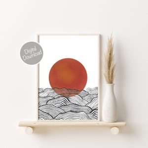 Boho Burnt Orange Wall Art, Sunset Wall Art, Mid Century Modern Art Decor, Waves and Sun Geometric Art Print, Modern Sun Ocean Art