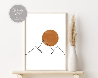 Line Drawing Mountains Wall Art, Abstract Mountain Print, Sunset Mountains Wall Art, Scandinavian Sun Poster, Minimalist Poster, Sunset Art