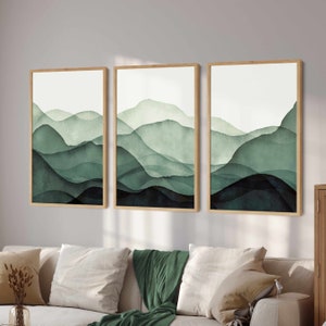 Green Wall Art Digital Prints, 3 Piece Wall Art Abstract Mountain Print Set, Landscape Print Set, Modern Home Decor, Printable Triptych