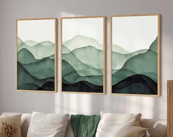 Green Wall Art Digital Prints, 3 Piece Wall Art Abstract Mountain Print Set, Landscape Print Set, Modern Home Decor, Printable Triptych