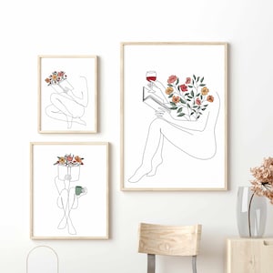 Minimalist Wall Art, Book Lover Gift, Bookish Gifts, Book One Line Art Print Women With Flowers, Minimalist Art Printable Wall Art