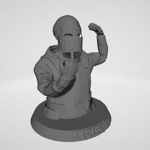 Puede incluir: Un busto gris de una persona con máscara y el dedo medio levantado, impreso en 3D. El busto está sobre una base con la palabra "RUST" impresa.